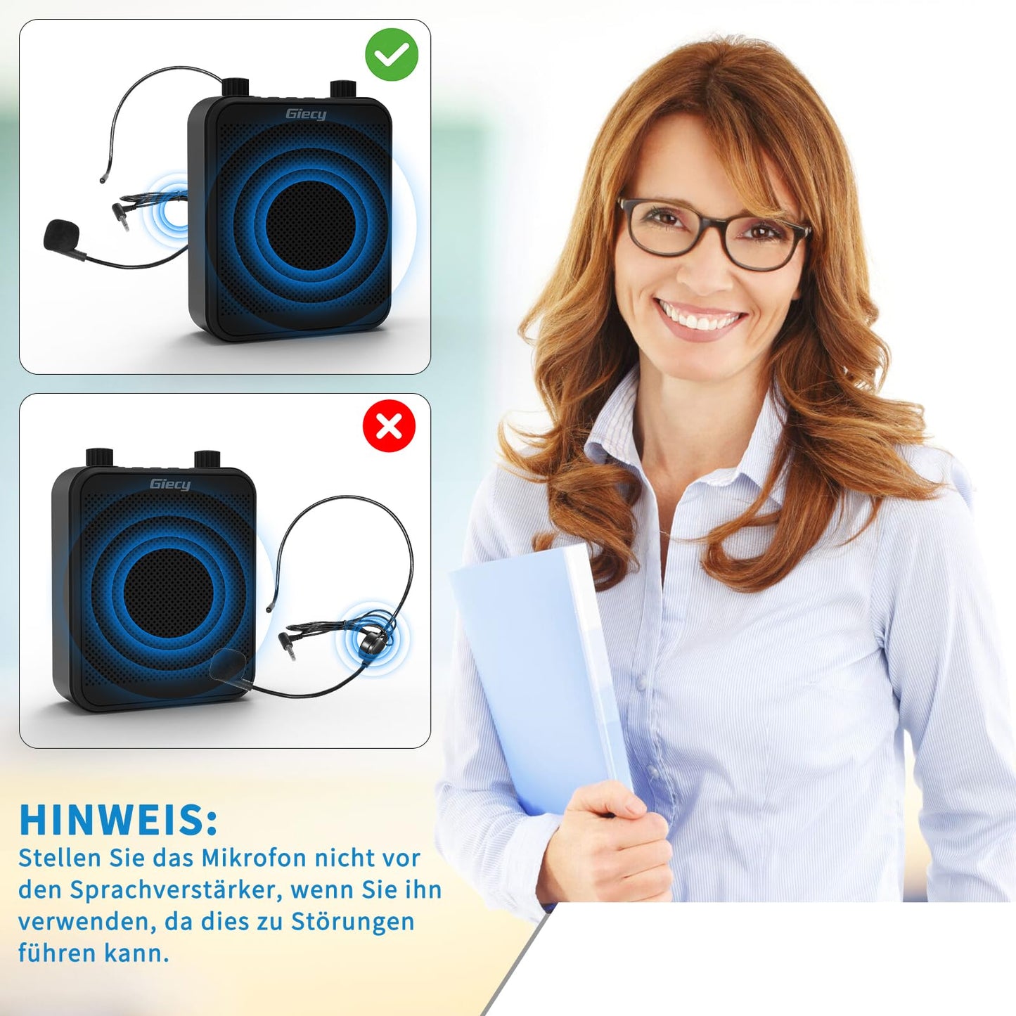 Giecy Portable Bluetooth Speaker (30W) with 7.4V/2800mAh Lithium Battery and microphone headset. Rechargeable mini voice amplifier for trainers, teachers, tour guides, and meetings.