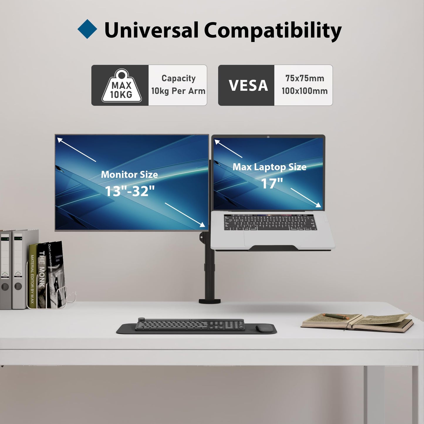 BONTEC Monitor Stand with Laptop Arm for 13-32 inch LCD LED Screen up to 15.6" Notebook, Tilt, Swivel, Monitor Laptop Mount Desk with Clamp, VESA 75x75-100x100mm.