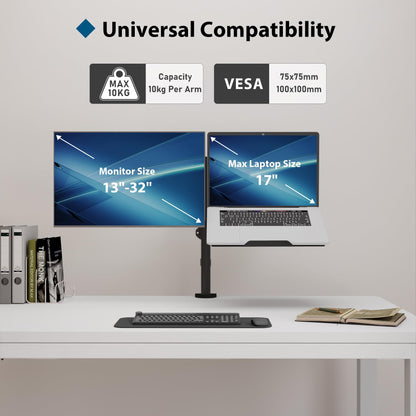 BONTEC Monitor Stand with Laptop Arm for 13-32 inch LCD LED Screen up to 15.6" Notebook, Tilt, Swivel, Monitor Laptop Mount Desk with Clamp, VESA 75x75-100x100mm.
