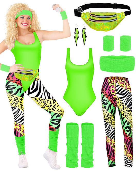 BIQIQI 80s Outfit Women Set Retro Tracksuit Costume 80s 90s Clothing Costume Accessories Clothes Jersey, Leggings, Headband, Bracelets, Leg Warmers, Earrings, Fanny Pack