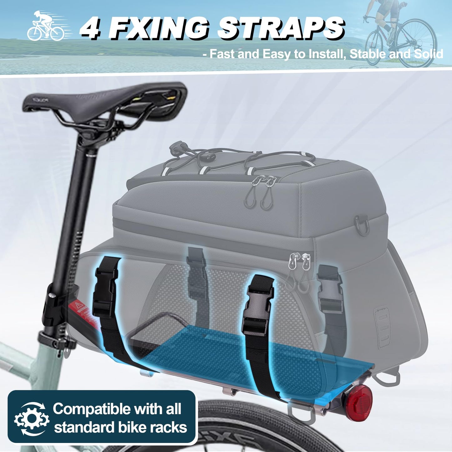 RAINSMORE 3 IN 1 Bike Bags for Rack 15L Waterproof & Reflective Bicycle Rear Rack Bag with Rain Cover Gray