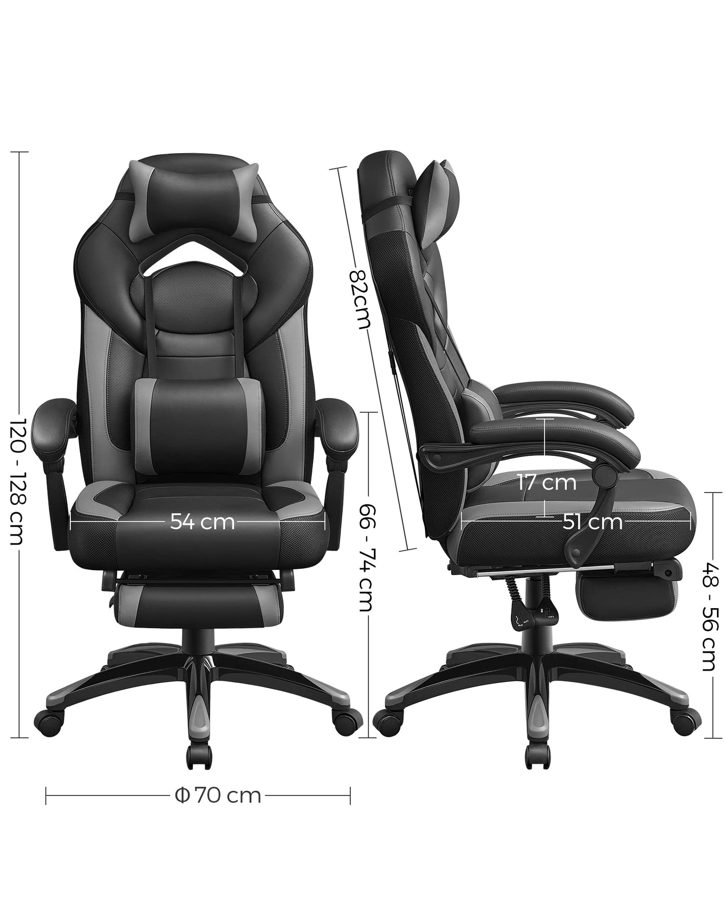 SONGMICS Gaming Chair, Office Chair with Footrest, Desk Chair, ergonomic design, adjustable headrest, lumbar support, up to 150 kg capacity, black-grey OBG77BGG
