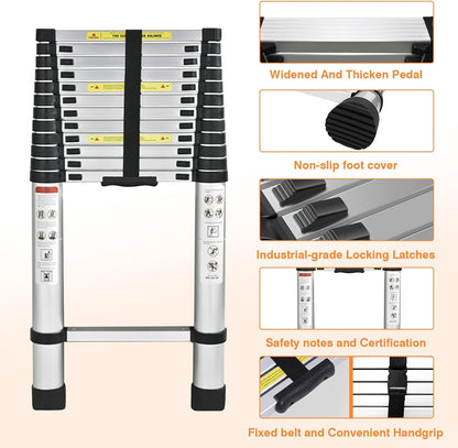 14.5FT portable multipurpose aluminum telescoping ladder, 4.4M retractable foldable ladder extension climbing stable ladder, 330lbs max load, step ladder with non-slip rubber feet.