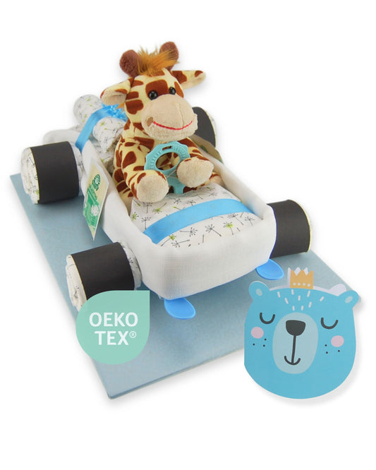 Diaper cake® Diaper car for boys & girls in blue & pink | Diaper cake/diaper gift - 14 LILLYDOO diapers | Stuffed animal - gift for birth | Baby shower gift | Plush toy (blue/boy)