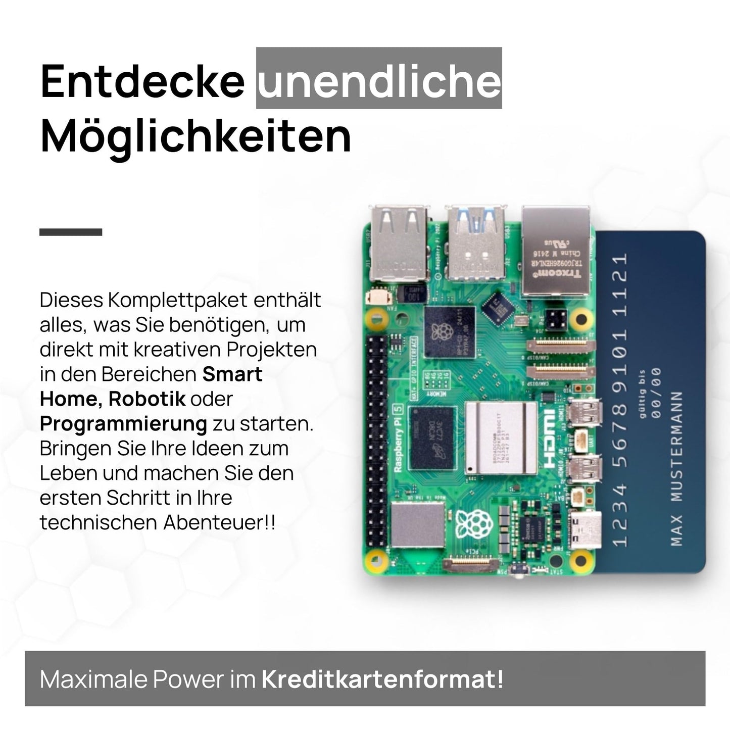Raspberry Pi 5 8GB PCIe M.2 NVMe - Set | Metal Case | Active Cooler | M.2 NVMe SSD PCIe Board | Official USB-C 27W Power Supply | 64GB Edition | 4K Micro HDMI