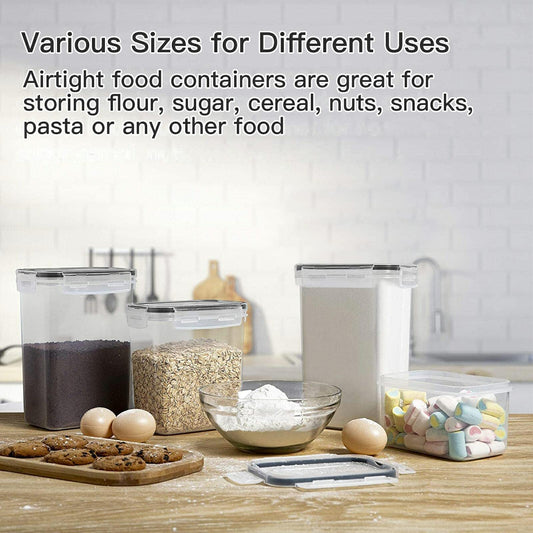 20-piece set of airtight food storage containers with plastic lids, perfect for storing spaghetti, flour, muesli, and cornflakes in the kitchen. Comes in various sizes ranging from 2.8L to 0.52L.