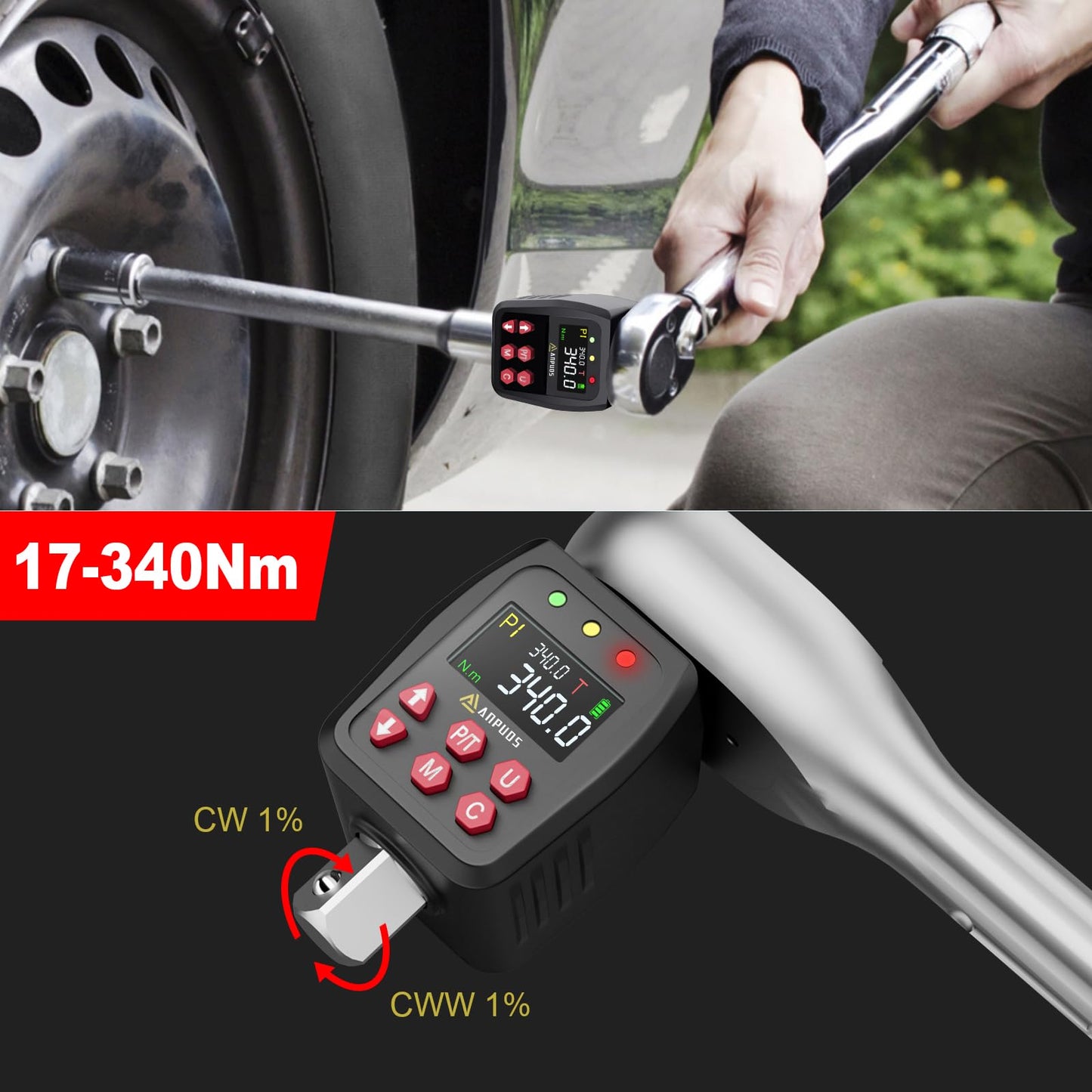 ANPUDS Digital Torque Adapter, 1/2 Inch 17-340Nm Torque Adapter Set with Preset, Storage, Buzzer, LCD Display, ± 1% Error Accuracy, 1/4" 3/8" Adapter for Car, Motorcycle