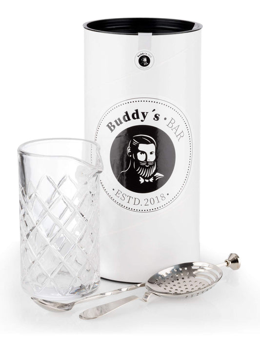 Buddy's Bar - Mixing set, stirring glass 500 ml, heavy quality, 27 cm bar spoon, strainer, high gloss polished stainless steel, food safe, dishwasher safe, bar set including gift box.