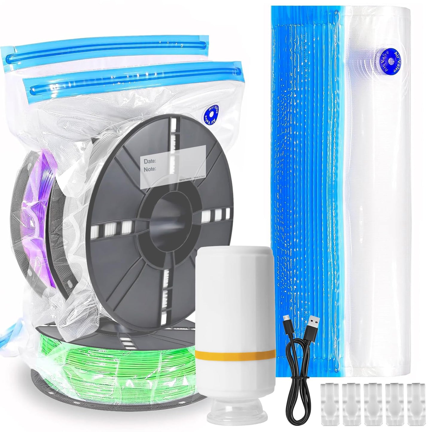 Filament Vacuum Bag Kit with Automatic Pump: 3D printing filament storage vacuum kit with autopump and sealing clips, 30 storage bags 34 * 30cm for 1.75mm 3D printer filaments.