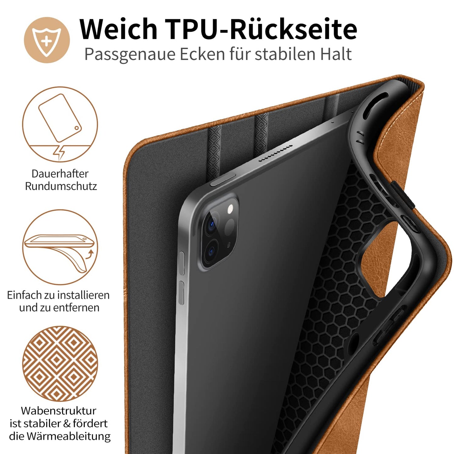 HOLIMET case for iPad Pro 12.9 inch 2022/2021/2020/2018 (6th/5th/4th/3rd Gen) with pencil holder, PU leather folio case shockproof with pocket and auto wake/sleep function, multi-angle stand (brown)