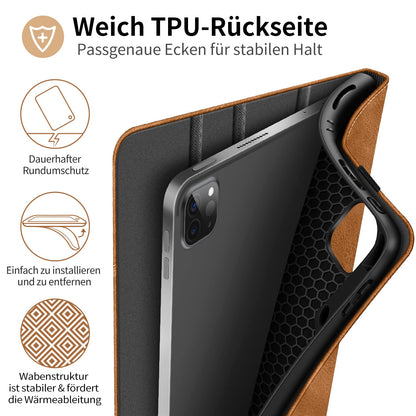 HOLIMET case for iPad Pro 12.9 inch 2022/2021/2020/2018 (6th/5th/4th/3rd Gen) with pencil holder, PU leather folio case shockproof with pocket and auto wake/sleep function, multi-angle stand (brown)