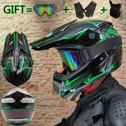 UIGJIOG Downhill Motorcycle Helmet Kids, Helmet Set Men ATV Motorcycle Helmet D.O.T Certified Helmet With Goggles Gloves, Full Face Helmet MTB Including 4 Sizes Helmet Liner, B