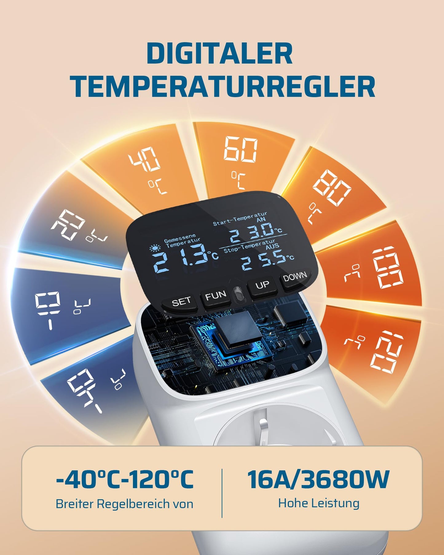 DEWENWILS Temperature controller, German display, Temperature switch with sensor 230V, Digital thermostat outlet, Temperature monitor with heating and cooling modes for greenhouse, terrarium, refrigerator.