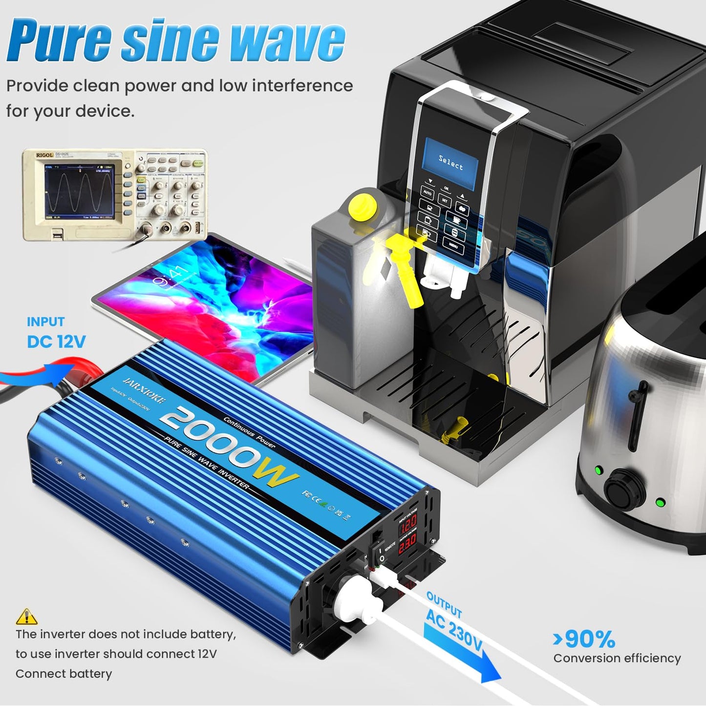 2000W Pure Sine Wave Inverter 12V to 230V Power Inverter DC Converter with AC Outlets USB Ports and LED Display for RV Car (Peak Power 4000 Watt)