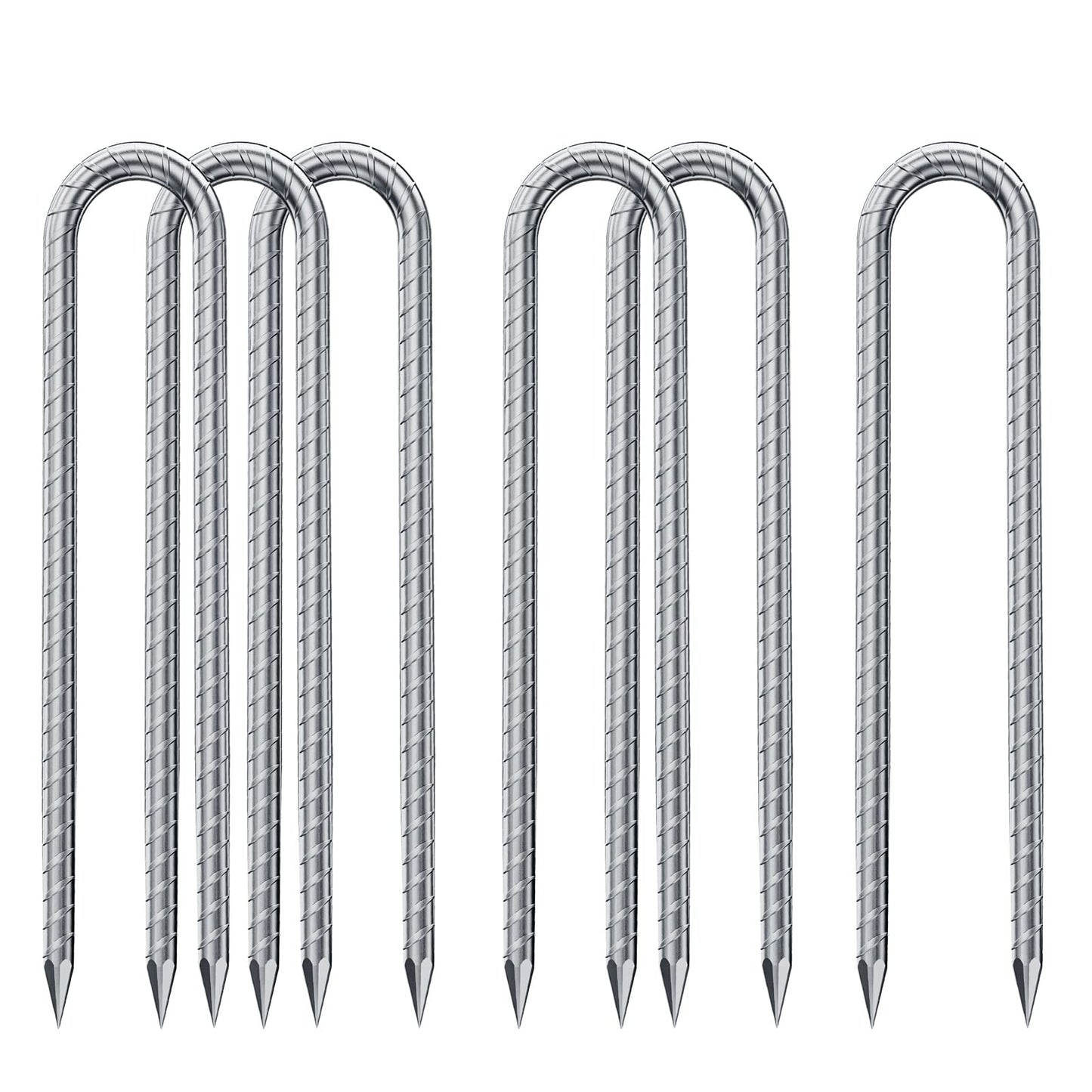 Ground anchor for trampoline, heavy duty metal 32cm ground stakes with U-shape design, galvanized steel pegs with chisel tip end, perfect for securing tents and trampolines (6 Pack, Silver U-shaped).
