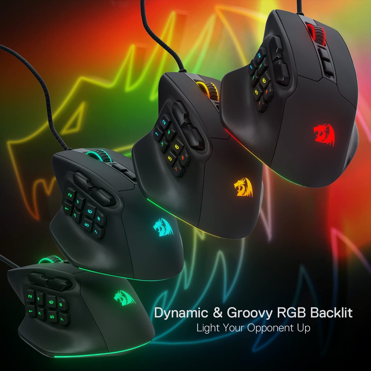 Redragon M811 Aatrox MMO Gaming Mouse, 15 programmable buttons wired RGB mouse with ergonomic grip, 10 side macro keys, software support & backlighting.