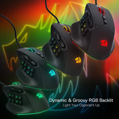 Redragon M811 Aatrox MMO Gaming Mouse, 15 programmable buttons wired RGB mouse with ergonomic grip, 10 side macro keys, software support & backlighting.