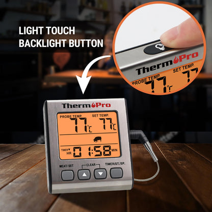 ThermoPro Digital Meat Thermometer Grill Thermometer Roast Thermometer Oven Thermometer with Timer and Backlit Temperature range up to 300°C Kitchen thermometer for BBQ Grill Smoker
