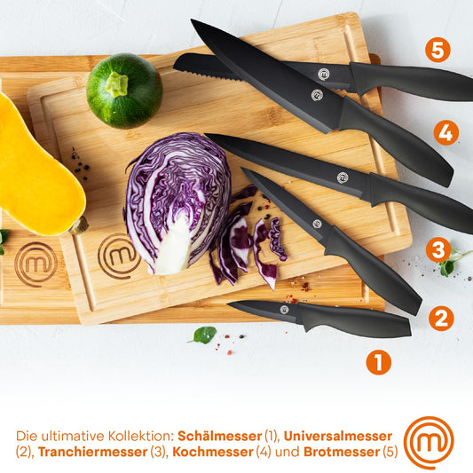 MasterChef knife block with cake knife set including Santoku knife, bread knife, chef's knife, vegetable knife, and utility knife. Made of stainless steel, sharp, 5 pieces, black, with soft-touch handles.