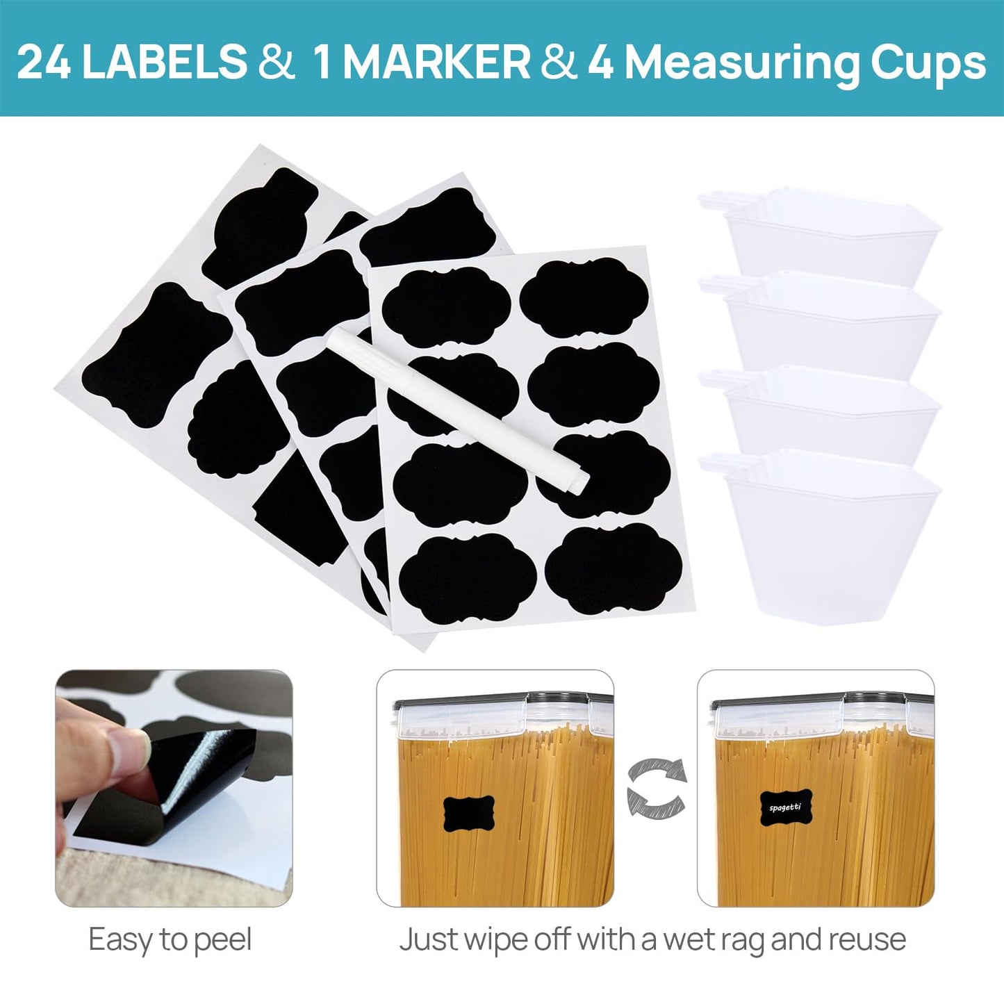 Vtopmart 10-piece set of large airtight storage containers with lids 6.5L, for flour and sugar storage, kitchen storage box for flour, cereal and sugar, BPA free, black.