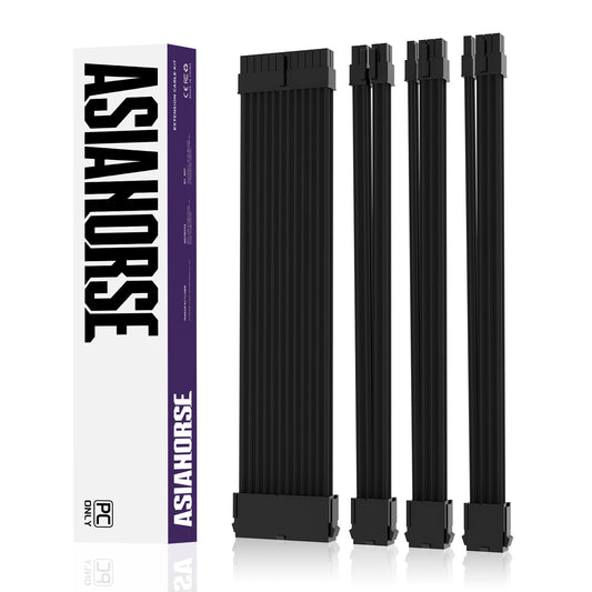 AsiaHorse PSU Cable Extension, PC Sleeved Cable Kit for GPU/CPU, 16AWG Power Supply Cable Extensions with Cable Combs, 24PIN/(6+2)PIN/(4+4)PIN Cable Management, 30CM, Black.