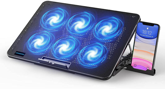 LIANGSTAR Cooler, 6 Quiet Fans Gaming Cooler Cooling Pads, 7 Adjustable Heights & Phone Stand, 2 USB Ports & Adjustable Speed, Laptop Fan for Notebook Up to 17 Inches (Blue)
