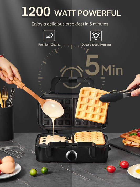 1200W 3 IN 1 Sandwich Maker, 5-level temperature control waffle maker sandwich toaster contact grill with non-stick coating for easy cleaning without burnt-on food, LED lights, stainless steel/black