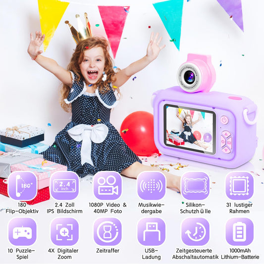 ARNSSIEN Kids Camera for 3 4 5 6 7 8 9 10 11 12 year old Girls/Boys, Kids Camera with 180° Flip Lens & 2.4in IPS Screen, Birthday Party Gift Toy for Girls/Boys, 32GB, X101