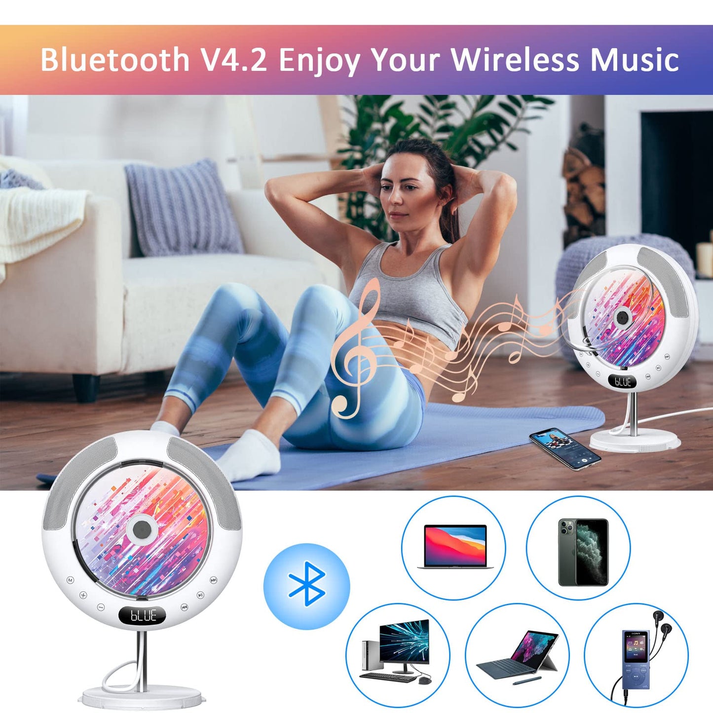 Gueray CD Player Bluetooth with touch button speaker CD player for wall mounting supports remote control display FM radio USB and TF card playback 3.5mm AUX dust cover pull switch design