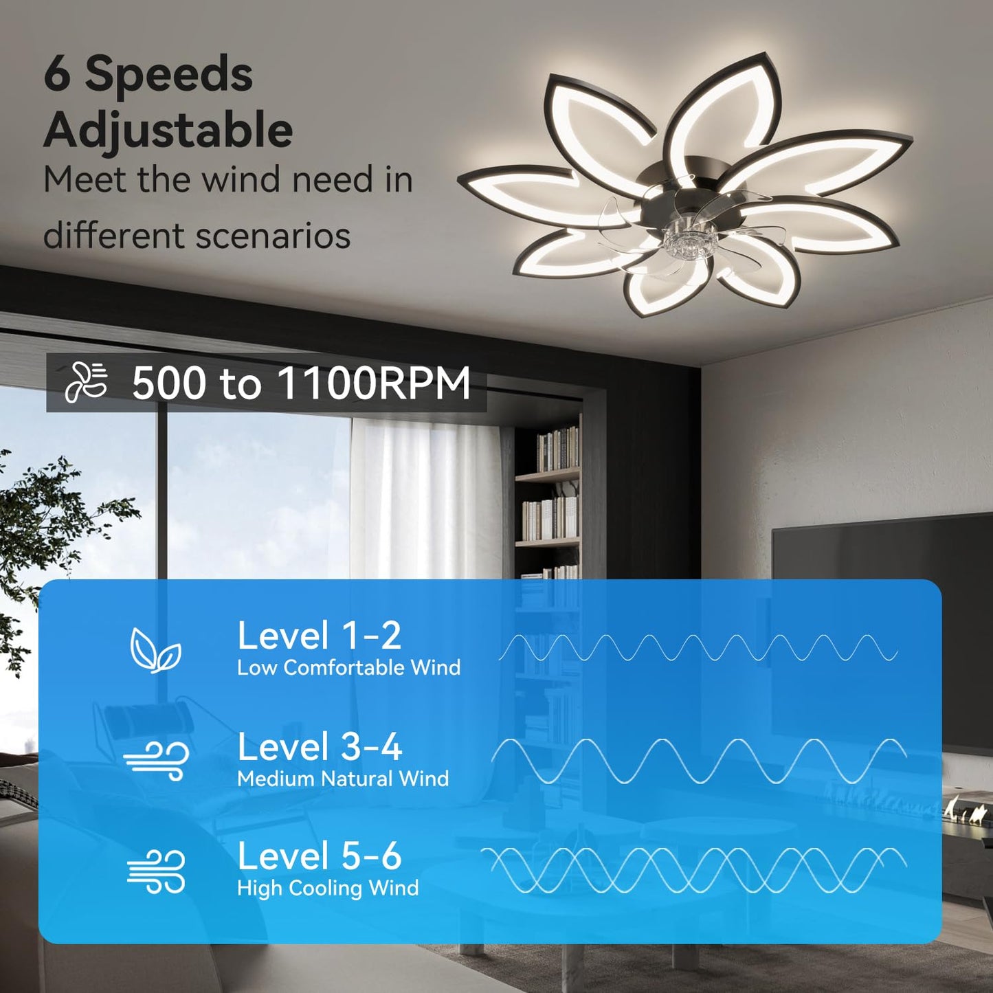 Ceiling fan with lighting and remote control app, lamp with fan Quiet, flower modern design, dimmable, memory function, DC motor, summer winter operation reversible, black