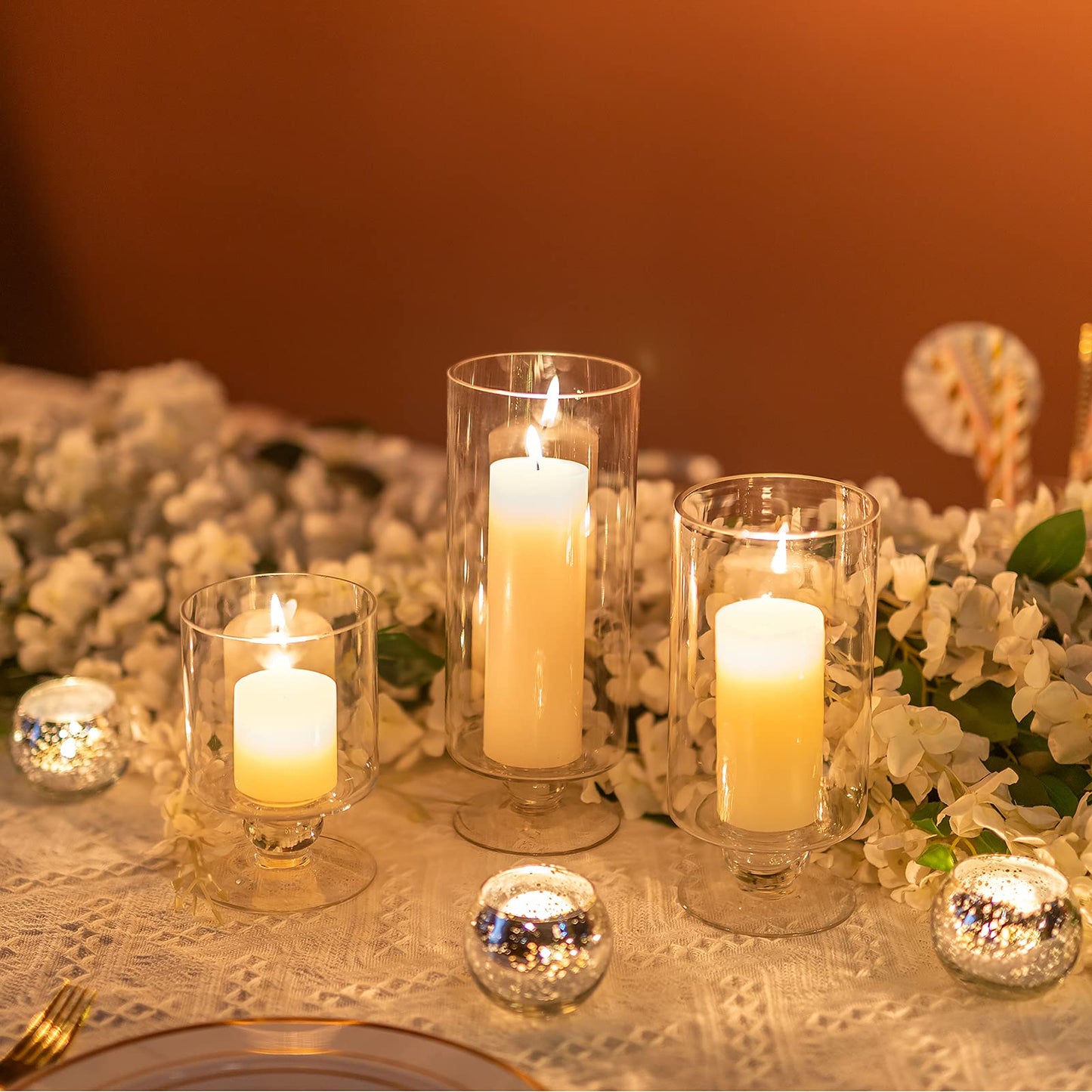 NUPTIO 3 Piece Set Large Glass Vase Candle Holder, Hurricane Candle Holder for Pillar Candles Tall Glass Vases for Centerpieces, Glass Flower Vases for Home Christmas Party Wedding Table Decoration