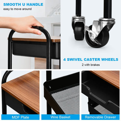 Shrivee 3-Tier Kitchen Cart with Table and Drawer, Utility Cart, Metal Utility Rolling Cart, Shelf Cart for Office Salon, Multi-Purpose Cosmetic, Serving Cart for Kitchen, Bathroom, Office (Black)