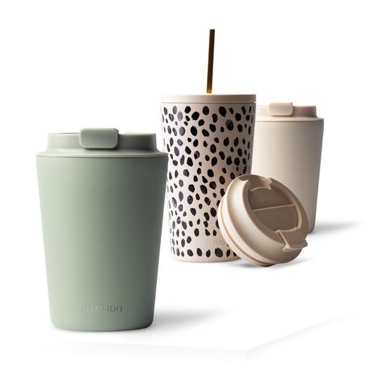 MAMEIDO Thermo cup 350 ml, leak-proof coffee cup to go made of stainless steel double-walled insulated, leak-proof, warm-keeping coffee to go cup (Desert Sage)