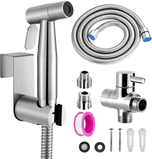 Bidet Handheld Sprayer Set, Premium Stainless Steel Brushed Bidet Handheld Sprayer, Bidet Sprayer for Shower Bathroom Hygiene Toilet Paper Diaper Cleaning, with G1/2" Valve and a G3/8" Adapter.