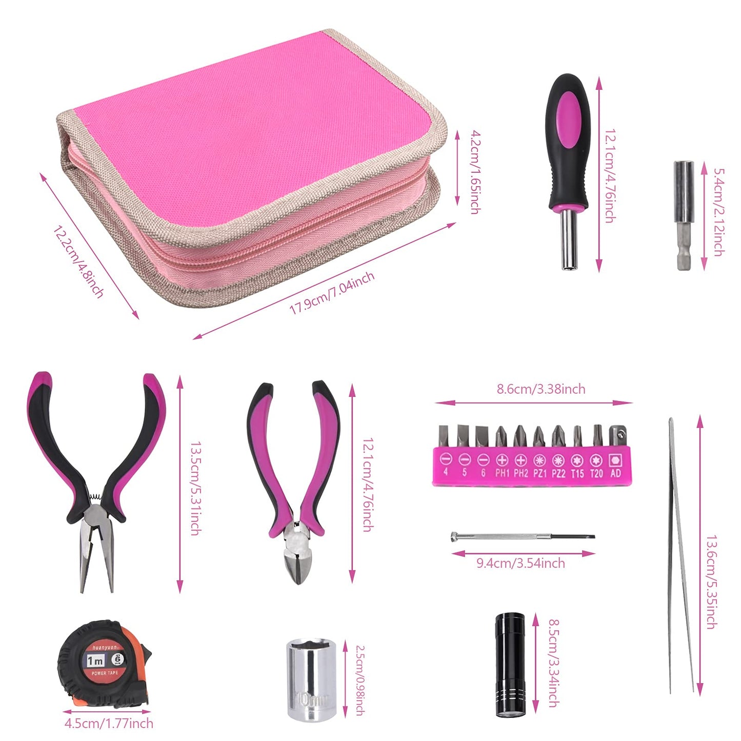 Pink Lady Tool Set with Tool Box 23-Piece Repair Tool Kit with Screwdriver, Bit, Tape Measure, Wire Cutters for Home, Office, Bike