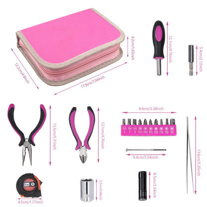 Pink Lady Tool Set with Tool Box 23-Piece Repair Tool Kit with Screwdriver, Bit, Tape Measure, Wire Cutters for Home, Office, Bike