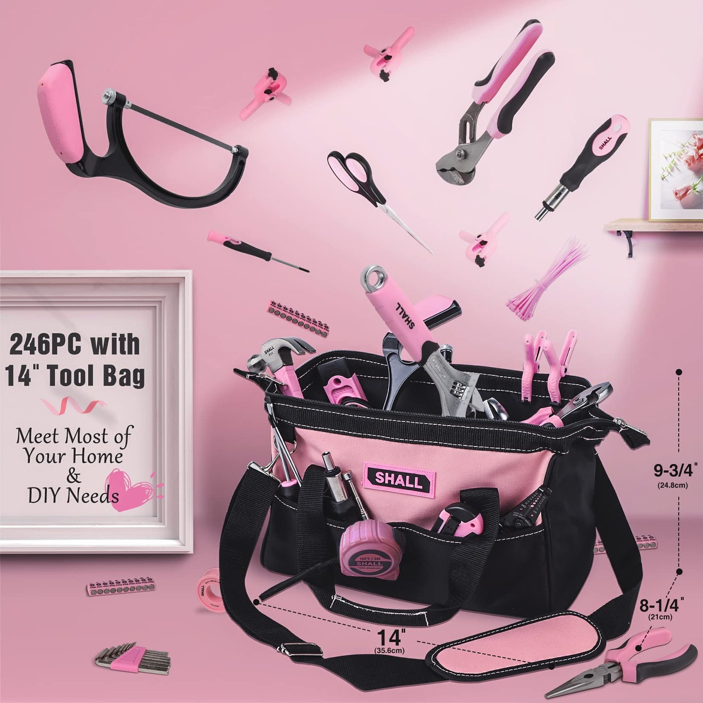 SHALL Pink Tool Set, 246-piece Women's Basic Tool Kit for Home with 14" Wide Mouth Open Tool Bag, General Household Hand Tool Set