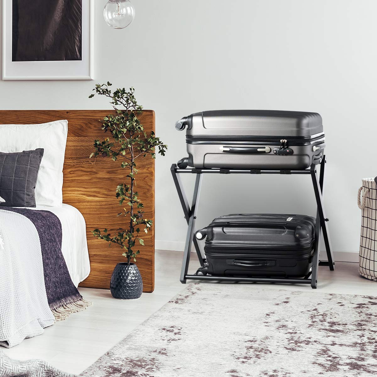 GYMAX Folding Luggage Rack, Double-Layer Luggage Stand with 4 sturdy straps & 2-tier design, luggage shelf supports up to 60 kg, luggage rack for guest room & hotel (1, Black)