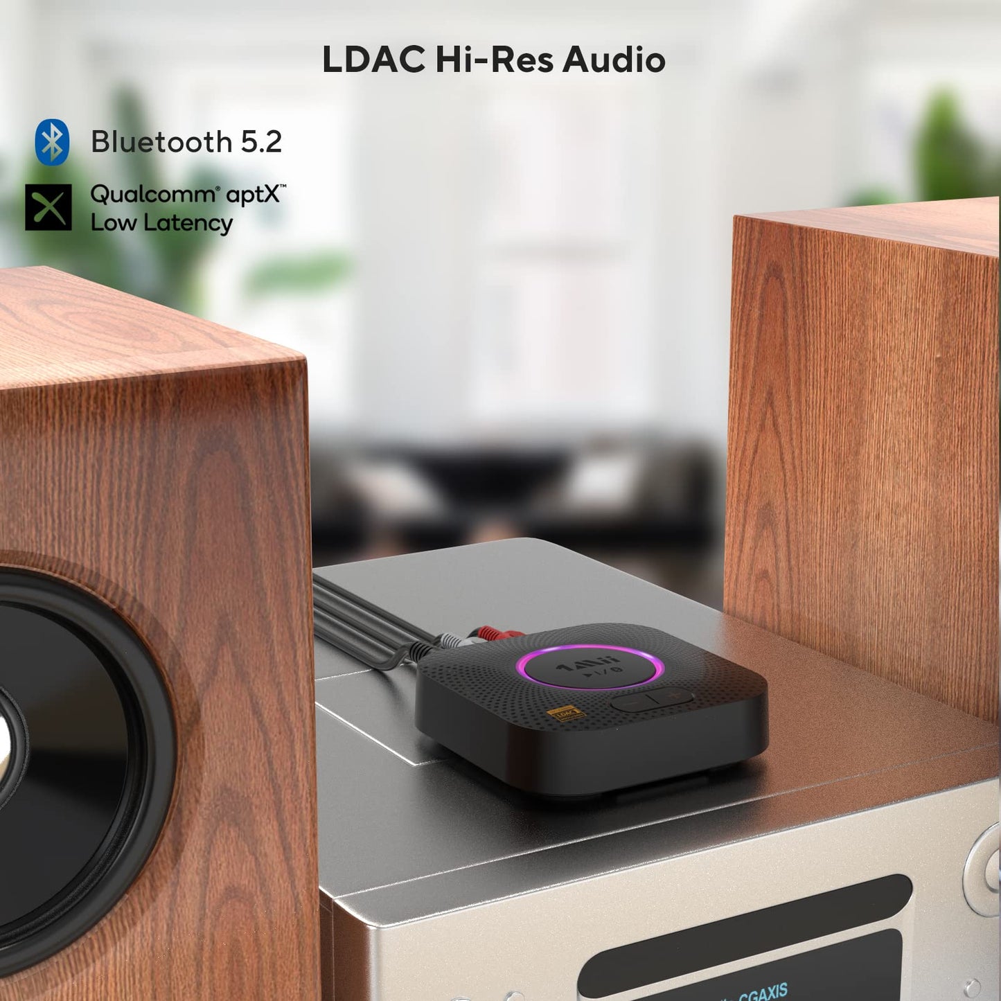 1Mii B06S+ Bluetooth 5.2 receiver, HiFi audio adapter with LDAC, volume control, aptX HD & Low Latency wireless receiver for stereo system speakers, with 3.5mm/RCA outputs
