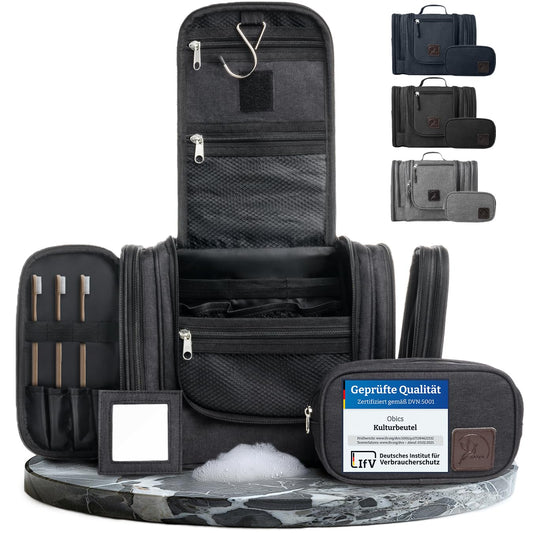 Obics toiletry bag for women & men large black 8L XL - hanging toiletry kit with mirror & travel pouch - outdoor cosmetic bag big as gift set with 10 compartments for camping & travelling