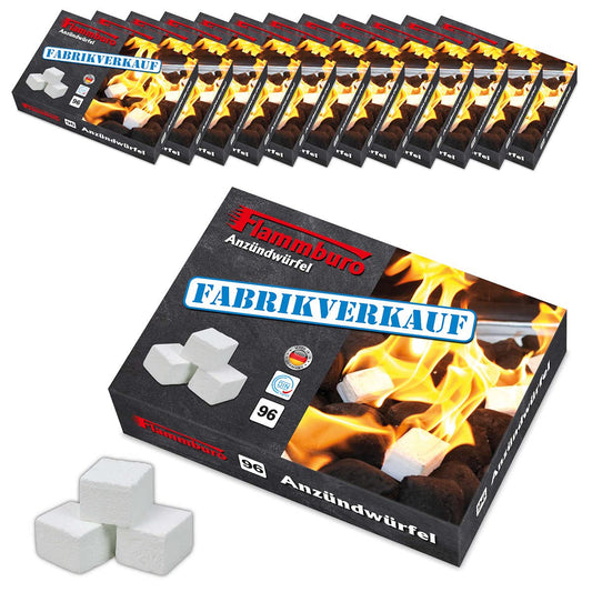 FLAMMBURO 1152 piece Paraffin Firelighters (12 x 96 cubes) from German manufacturer, for grills, fireplaces, stoves, Made in Germany - 12 boxes x 96 cubes