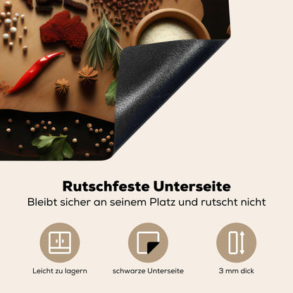 KitchenYeah© Induction stove cover protection mat kitchen stove cover induction mat ceramic hob cover herbs - spices - world map - brown - spoon - kitchen - 83x51 cm