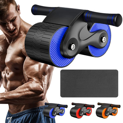 Automatic rebound abdominal roller, ab muscle trainer, with mat, roller for ab workout, featuring stable dual wheels and automatic rebound (blue)