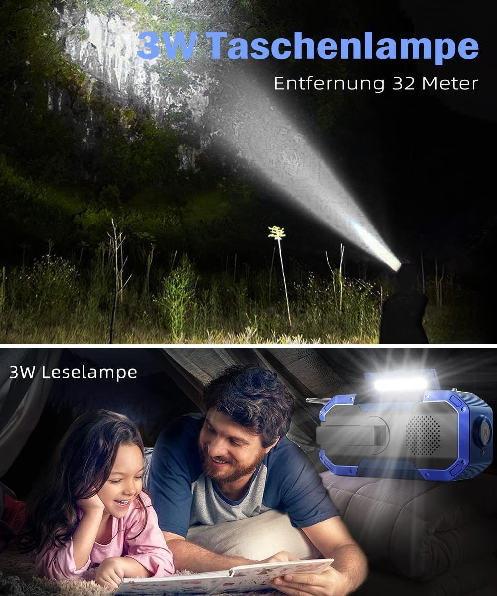 Solar crank radio with Bluetooth speaker, phone charging function, and bike mount. IPX5 waterproof and portable. Emergency AM/FM radio with 5000mAh battery. Perfect for camping and outdoor activities with built-in flashlight and SOS feature.