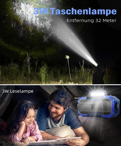 Solar crank radio with Bluetooth speaker, phone charging function, and bike mount. IPX5 waterproof and portable. Emergency AM/FM radio with 5000mAh battery. Perfect for camping and outdoor activities with built-in flashlight and SOS feature.