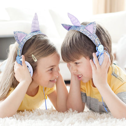 Children's headphones, unicorn glitter stones, children's headphones for girls, wired headphones with unicorn bracelet gift, adjustable stereo headphones with microphone and volume control (Sky blue)