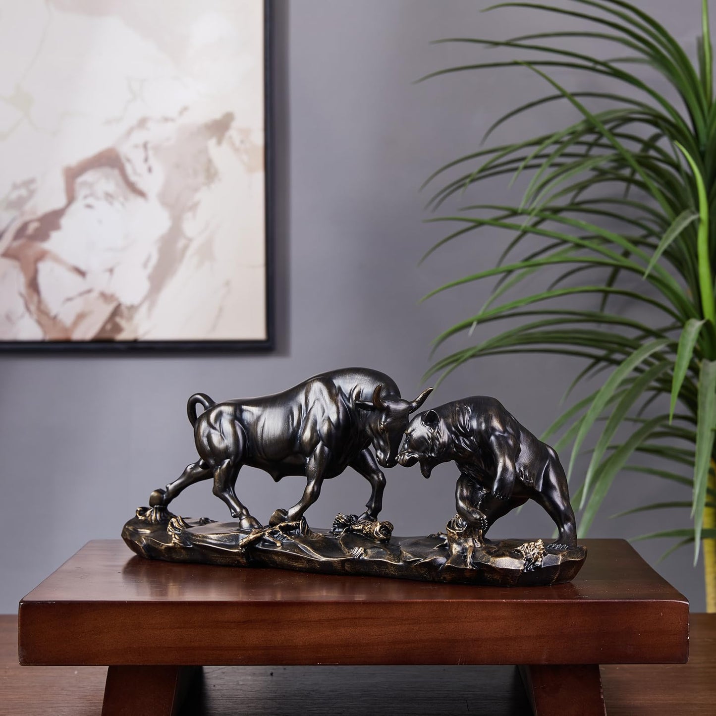 Cute Bull and Bear market figures made of resin. Wall Street Bull Bear Statue for desks, shelves, or displays. These figures make a great office gift idea.