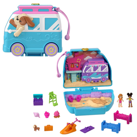 Polly Pocket Holiday at the Dog Beach Locket - Road trip adventure with 2 dolls, 12 accessories ultimate seaside campsite, campfire and lifeguard tower, for kids ages 4+, HRD36