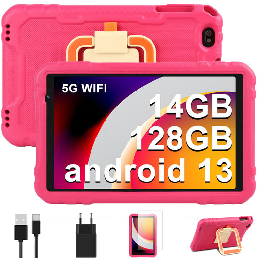 AOCWEI 10 inch Kids Tablet X500 Kids Tablet, 14GB+128GB (512GB TF) Android 13 Tablet for Kids with Child-Friendly Case, Octa-Core, 5MP+8MP Camera, Google GMS, 8000mAh Eva Protective Case-Rose...