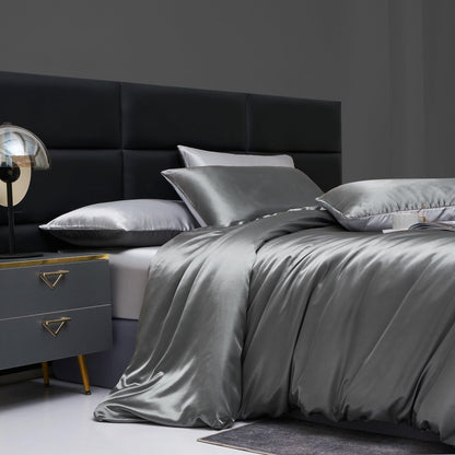 YASMENG Satin Bedding 220x240 Dark Gray Light Gray Duvet Cover Set Deluxe Silk Reversible Bedding 3 Pieces With Zipper And 2 Pillowcases 80x80 cm - Smooth Shiny Silky